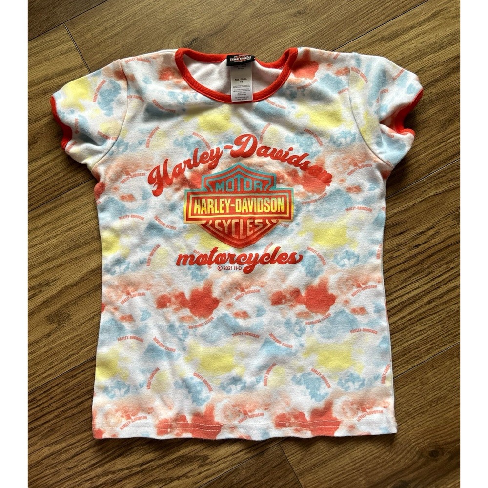 Harley-Davidson Girls Short Sleeve Ink Blot Tie Dye Ringer T-Shirt Size 7/8 Logo